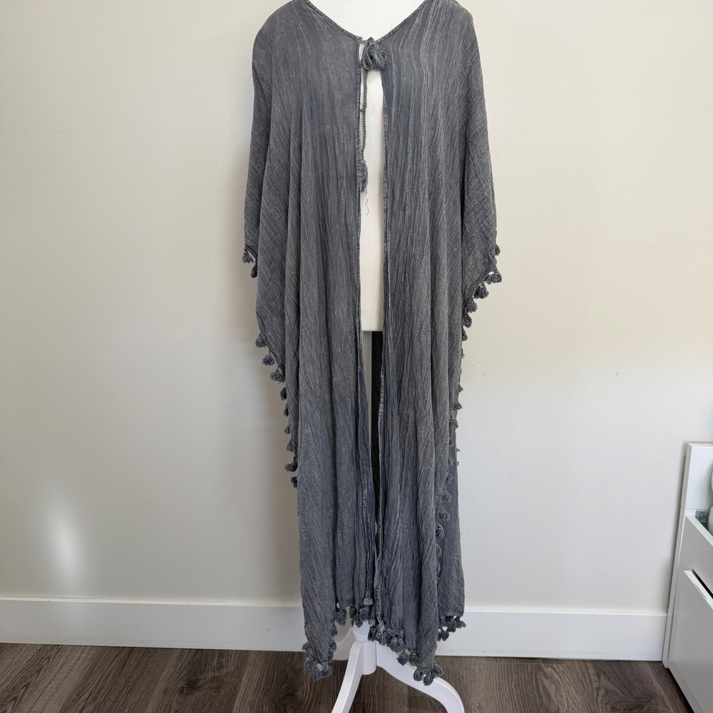 Cute Options Tassel Pom Pom Kaftan Women Medium Gray Bohemian Kimono Cover Up